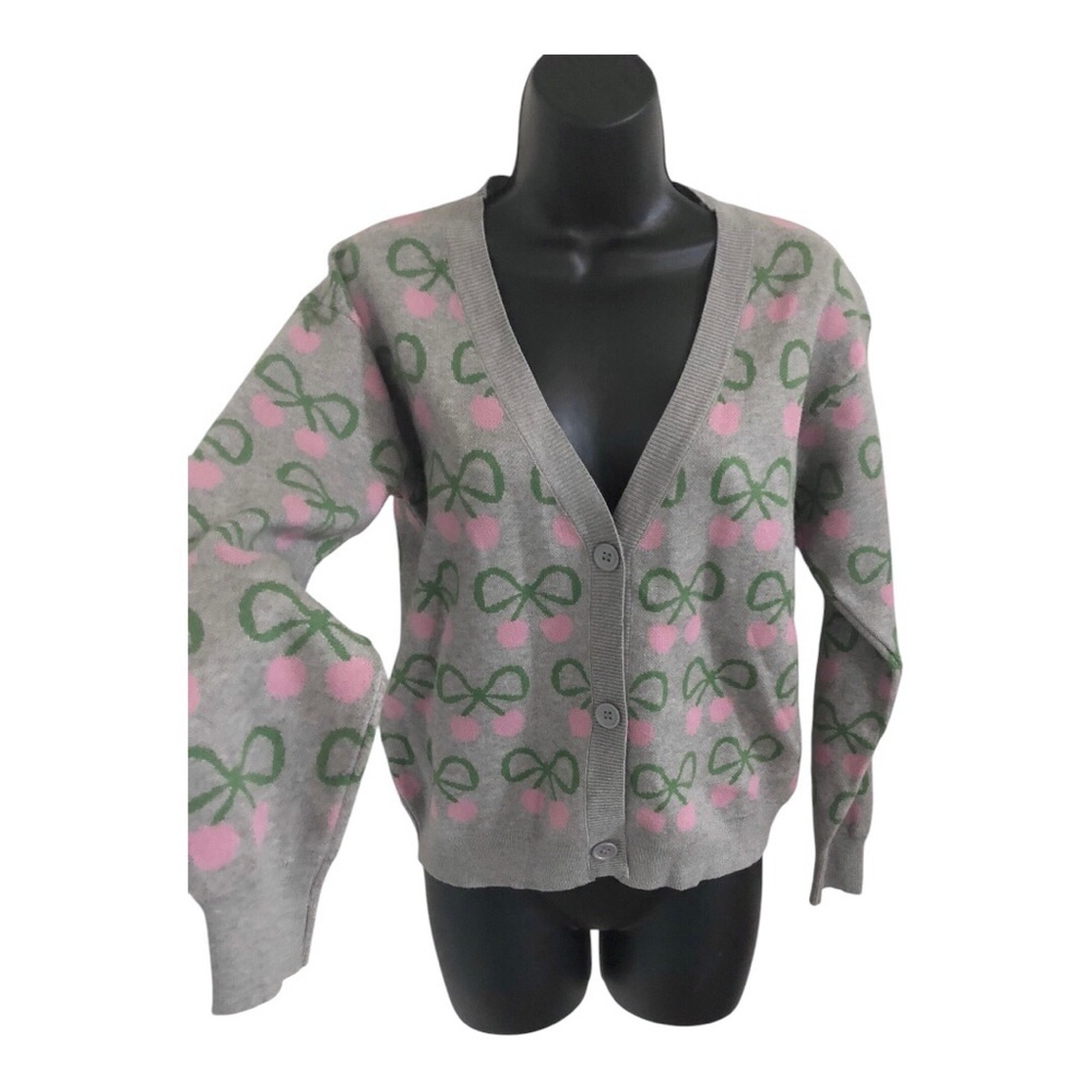 Grey and pink cherry green‎ bow print knit cardigan sweater size XS new